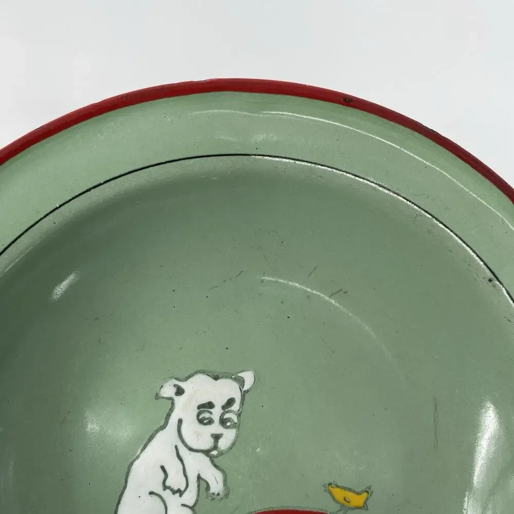 Antique Enamel Child’s Plate Germany Puppy Dog Feeding Bowl Green Red Rim